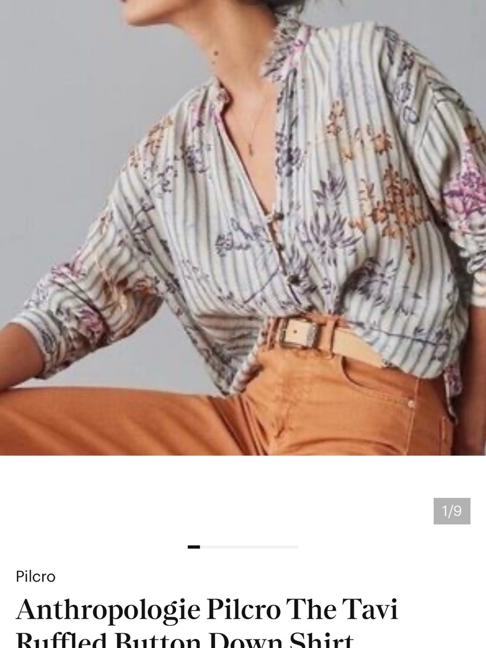 Pilcro Striped Cream Floral Ruffled Button-Down Shirt